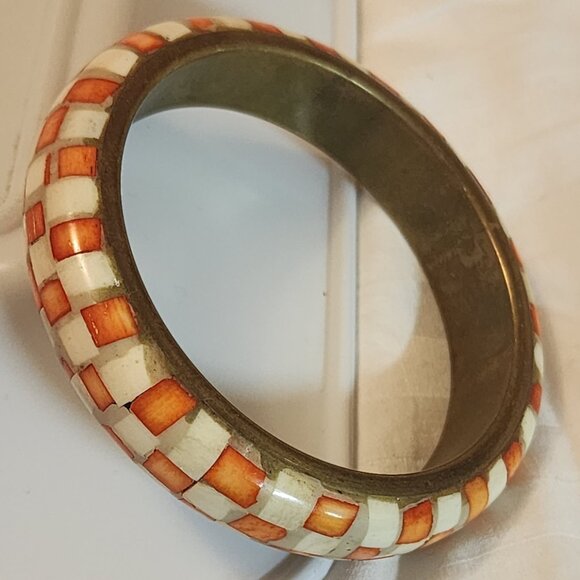 Vintage Brass Bangle  Mosaic Inlay Orange Checkered Bone , shell or...2.5 inch W - Picture 2 of 3